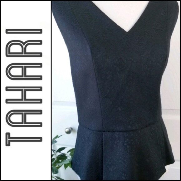 NEW! TAHARI Black Brocade Pattern Sleeveless Peplum Top Large. - Picture 1 of 7